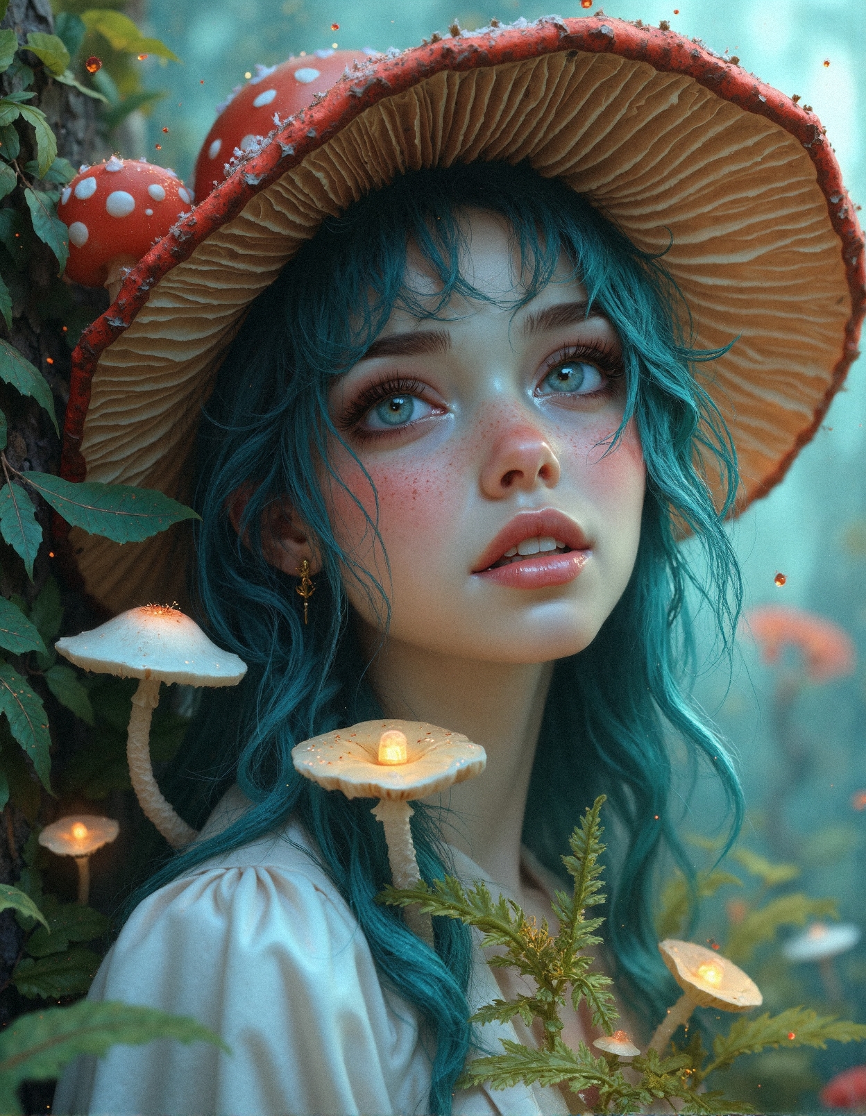 A stunning close-up portrait of a mystical fungal nymph, her violet-hued eyes wide with childlike wonder, glowing softly against her pale, radiant skin dusted with a subtle constellation of freckles. Her silky teal-blue hair, naturally tousled, flows gently around her shoulders, each strand capturing the iridescent glow of the enchanted forest that surrounds her. She dons a massive toadstool hat, the cap’s red-and-white-spotted surface slightly weathered and organic, with soft gills visible beneath, adding a naturalistic texture. Tiny bioluminescent spores float around her, illuminating the soft ferns and delicate white mushrooms blooming at her neckline, their stems bending toward her presence as if drawn to her energy. Her flowing white blouse is woven from ethereal, gossamer fabric that catches the ambient forest light, blending seamlessly into the misty, pastel-toned backdrop filled with tiny glowing motes of magic. The composition radiates a fairy-tale aesthetic, with soft painterly rendering, ultra-detailed textures, and a harmonious blend of soft fantasy lighting and realistic character rendering, evoking the essence of a dreamy, otherworldly spirit.
 <lora:FluxDFaeTasticDetails:0.3> <lora:MoriiMee_Gothic_Niji_Style_FLUX:0.4> <lora:realism_lora_comfy_flux_converted:0.7000000000000001>