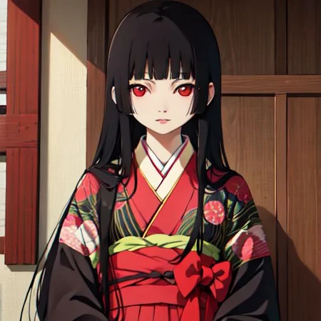 enma_ai 1girl, solo, hair down, hair black, bangs hair, eyes red, kimono, underlayer kimono, ornamental hairpun, obi sas, night, village, (masterpiece) 1girl, (8k, RAW photo, best quality, ultra high res, photorealistic, ultra-detailed), ninym ralei, temple, heavenly light, beautiful windows, 20s <lora:ninym1:1>
