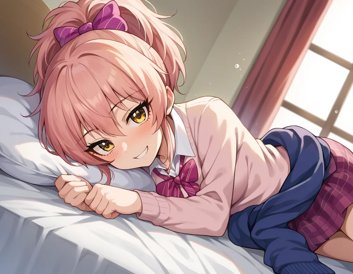 score_9, score_8_up, score_7_up, source_anime,
mikajougasaki, <lora:mika-jougasaki-ponyxl-lora-nochekaiser:1>
mika jougasaki, hair bow, long hair, pink hair, yellow eyes, ponytail, smile,
bow, clothes around waist, plaid, plaid skirt, school uniform, skirt, sweater, sweater around waist,
indoors, bed, bed room, on side, blush, drunk,
looking at viewer, dutch angle, cowboy shot,