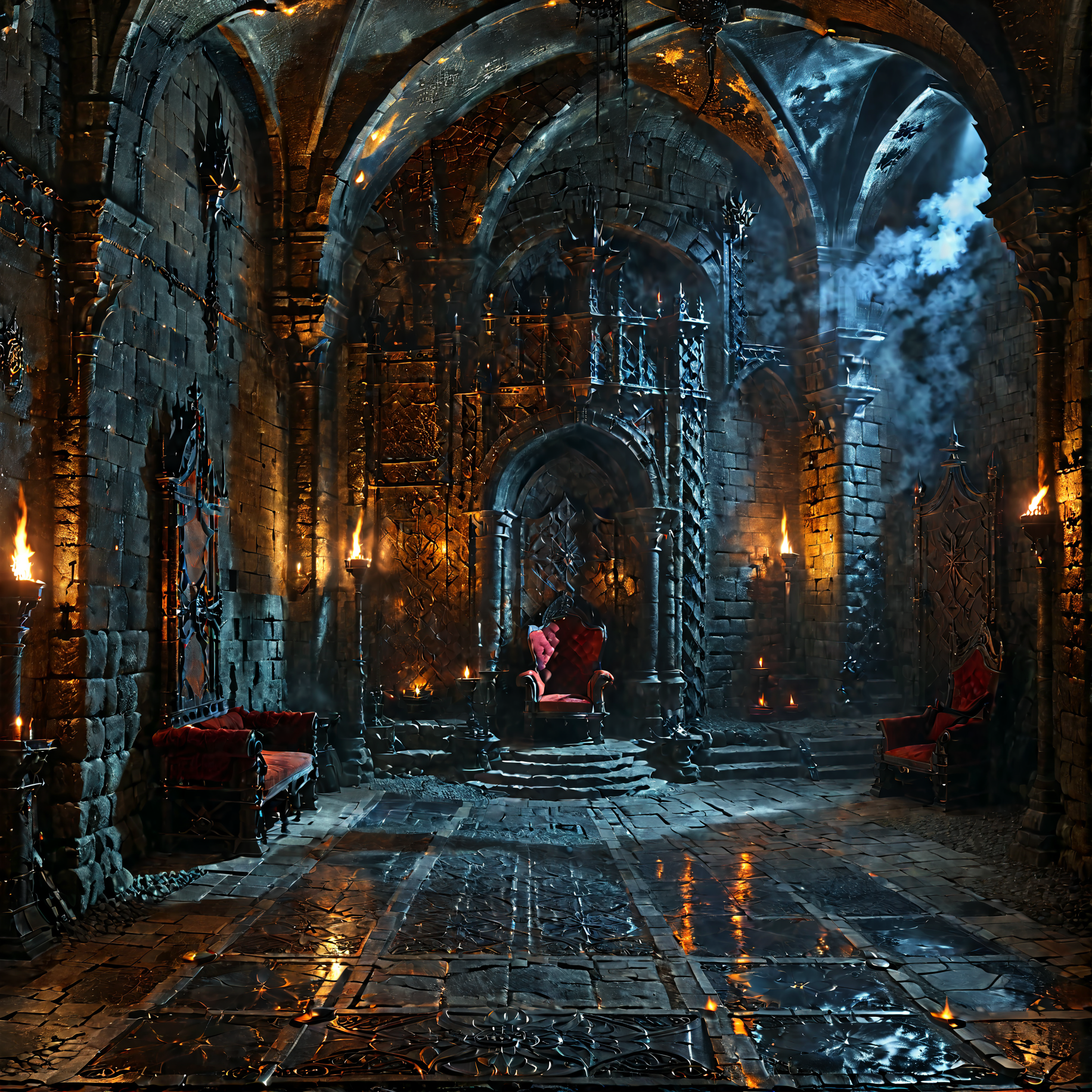 Horror-themed dungeon, throne, throne room, lofty ceiling, <lora:The_Deep_Dark_Dungeon-SDXL:0.8>, deepdarkdungeon, best quality, masterpiece, 4k, uncensored, prefect lighting, rating_explicit, very aesthetic, detailed, <lora:add_details_xl:0.6>, very detailed, <lora:SDXLHighDetail_v5:0.6> . Eerie, unsettling, dark, spooky, suspenseful, grim, highly detailed