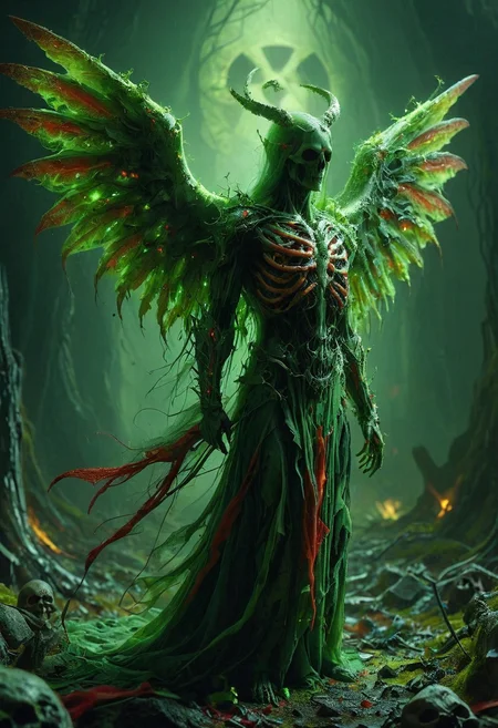 reality-shot, realism, realistic photography of a very detailed angel of death, eerie, spreaded wings, horns, awesome appearance, magical landscape with enchanted elements, fantasy art style, green and red theme, intricate details, ultra sharp, exquisite detail, flawless composition, vivid colors, masterpiece, exciting background <lora:RadiationMorph:1> IrradiateMorph