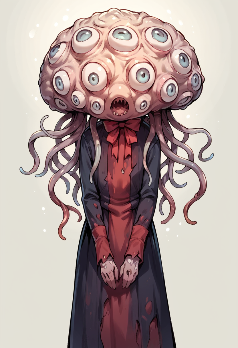 masterpiece, best quality, source_anime, uncensored, score_9, score_8_up, score_7_up, score_6_up, score_5_up, score_4_up, 1girl, solo, winterlantern, eldritch horror, eldritch abomination, monster, extra eyes, multi eye, tentacles, tendrils, red dress, long sleeves, <lora:winterlantern:0.85> <lora:add-detail-xl:0.6> <lora:cfg_scale_boost:0.5> <lora:Expressive_H:0.6>