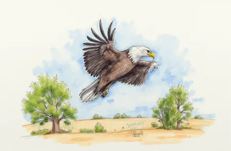Sharp image of a rough sketch, rendered in vibrant multi colour ballpoint pen, capturing the adorable features of a bald eagle in flight. The eagle is in the center of the image, with its wings spread wide and its head turned towards the right side of the frame. Its feathers are a dark brown color, and its beak is yellow. The background is blurred, but it appears to be a landscape with trees and fields. The sky is cloudy, and the overall mood of the photo is peaceful and serene.  p3nsk, <lora:p3nsk:1>