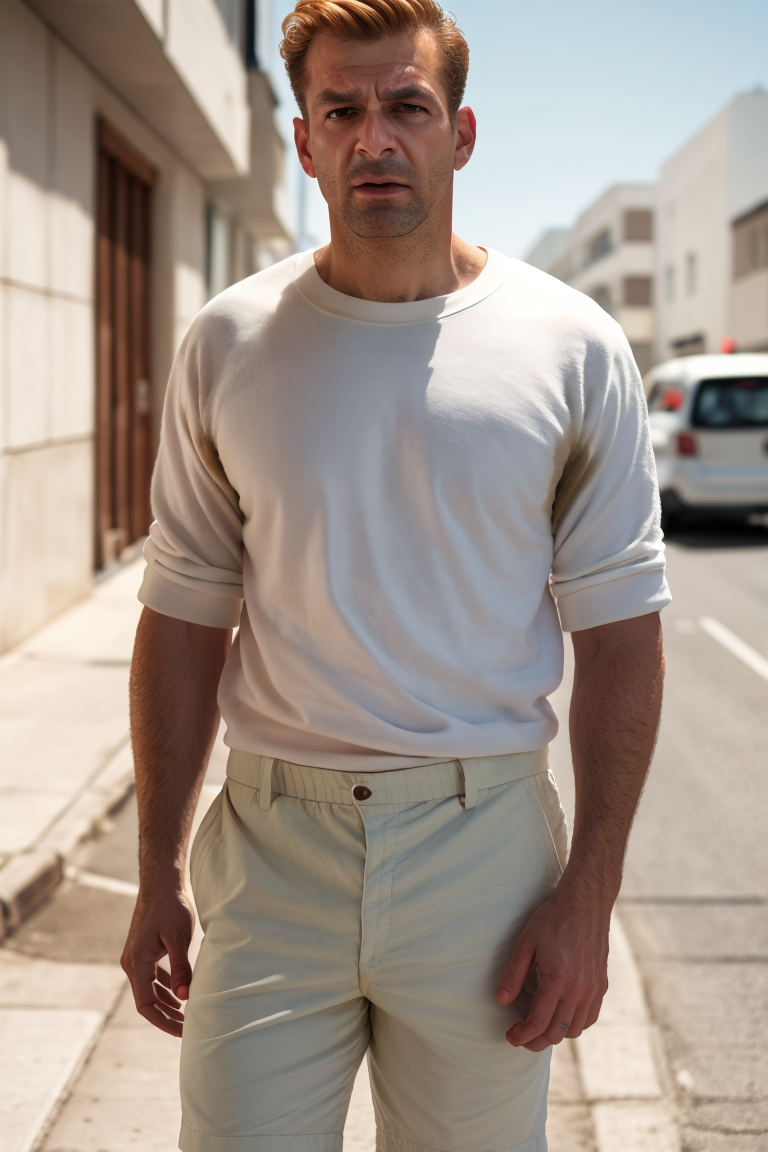 close portrait, front view of a man on his shorts wearing a high crewneck white cotton (shirt with sweat:1.2) standing in a street alone, dynamic pose,
large (s3t on:1.2) armpit,
natural lighting, 4k uhd, dslr, high quality, Fujifilm XT3<lora:Sweaty_shirt_SD15_v6-000040:1.55:lbw=0.4,0,0,0,0,0,0,0,1,1,1,1,1,1,0,0,0>
