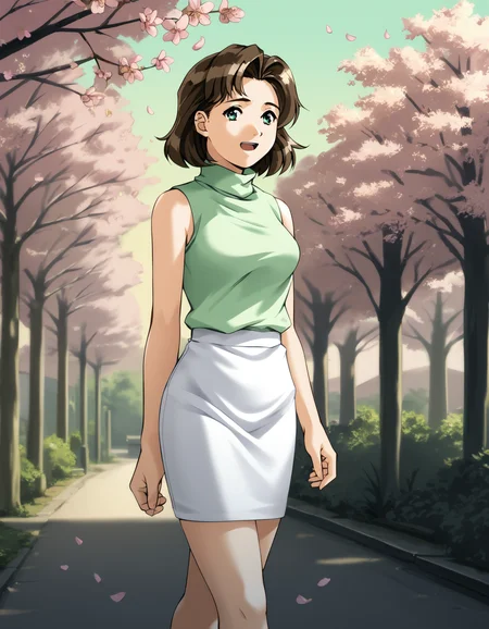 score_9, score_8_up, score_7_up, <lora:kisaku-v2-ponyxl-000010:0.85> minami, sleeveless turtleneck, green shirt, white skirt
1girl, solo, cherry blossoms, walking, from side, looking at viewer, happy, open mouth, sunset
