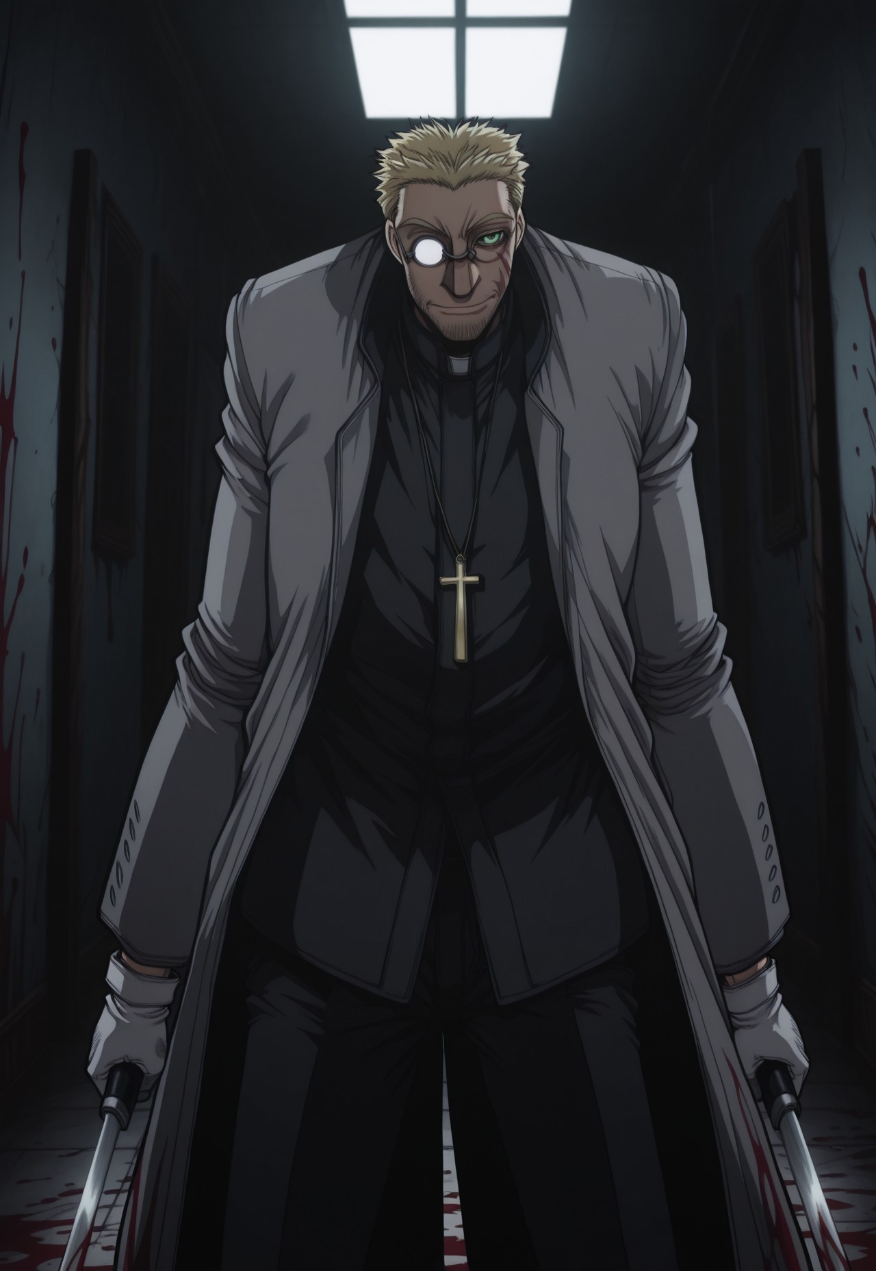 masterpiece, best quality, very aesthetic, AlexanderAnderson, 1boy, solo, blonde hair, short hair, facial hair, ((green eyes)), ((red blood)), partially opaque glasses, glasses, scar on cheek, cross necklace, grey coat, black jacket, white gloves, black pants, holding, holding weapon, bayonet, dual wielding, perspective, dark, night, indoors, blood splatter, cowboy shot,