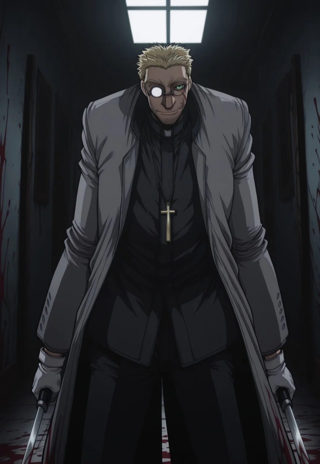 masterpiece, best quality, very aesthetic, AlexanderAnderson, 1boy, solo, blonde hair, short hair, facial hair, ((green eyes)), ((red blood)), partially opaque glasses, glasses, scar on cheek, cross necklace, grey coat, black jacket, white gloves, black pants, holding, holding weapon, bayonet, dual wielding, perspective, dark, night, indoors, blood splatter, cowboy shot,