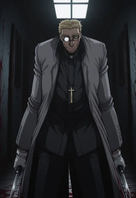 masterpiece, best quality, very aesthetic, AlexanderAnderson, 1boy, solo, blonde hair, short hair, facial hair, ((green eyes)), ((red blood)), partially opaque glasses, glasses, scar on cheek, cross necklace, grey coat, black jacket, white gloves, black pants, holding, holding weapon, bayonet, dual wielding, perspective, dark, night, indoors, blood splatter, cowboy shot,