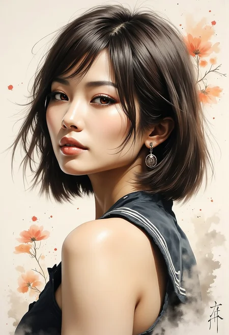 A dinkfsn style ink wash painting, breathtaking detailed, masterpiece, awe-inspiring, radiant, magnificent, head and shoulder portrait of beautiful oriental woman, straight-cut bob, bangs, earrings, sailor blouse, turning to look at viewer, direct sensual gaze