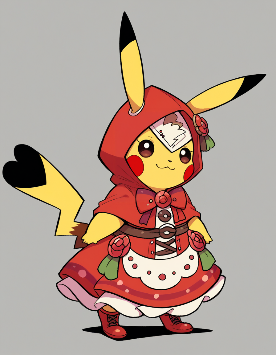 zPDXL, score_9, score_8_up, score_7_up, score_6_up, score_5_up, source_anime, 4k, absurdres, 1girl, solo, 
<lora:Cosplaychu_v1-1-20:0.8>, cosplay pikachu, pokemon \(creature\), pikachu ears, pikachu tail, feral, eyelashes, shortstack, flat chest,
character dressed as Red Riding Hood wearing a red hooded cape, long-sleeve shirt, layered skirt, ankle boots , rosy cheeks, woven hat,floral hairpin,
