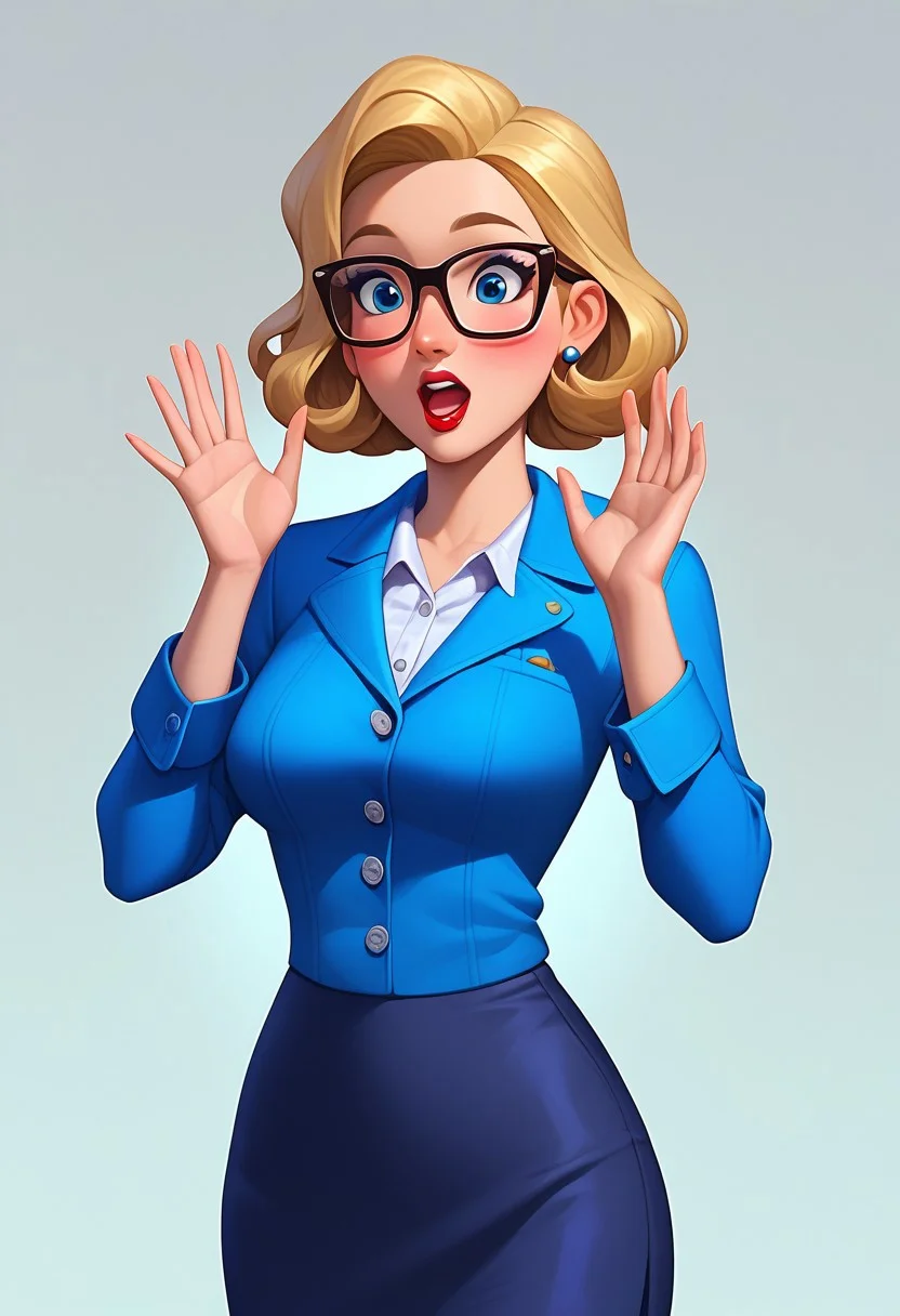 score_9, score_8_up, score_7_up, mercasg, BREAK 1girl, woman, mature, surprised, solo, businesswoman, medium breasts, blonde hair, bob cut, bob haircut, medium hair, blue eyes, black-rimmed glasses, oval glasses, makeup, red lips, gray eye shadows, blush, open mouth, teeth, white blouse with raised collar, blue pencil skirt, blue jacket with single silver button, BREAK hands raised, hands up, holding her glasses with her right hand, left hand at waist level, standing, cowboy shot, semi-sideways, half-sideways, BREAK simple background, gradient background, gray background