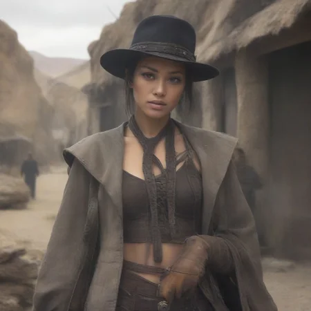 ((masterpiece, best quality, highly detailed)), cowboy shot, an asian woman, stunning looks, demobaza, demobaza, The Hateful Eight film style, ((tall hat:1.3)), ((holstered guns, (((holding guns))), six shooter in each hand, pointing at viewer, rifle in both hands:1.5)), (wearing western gunfighter clothes, shirt, pants, black boots,) in wild western town, desert background, lantern lights, short hair, brown eyes, demobaza, indian style, wild western