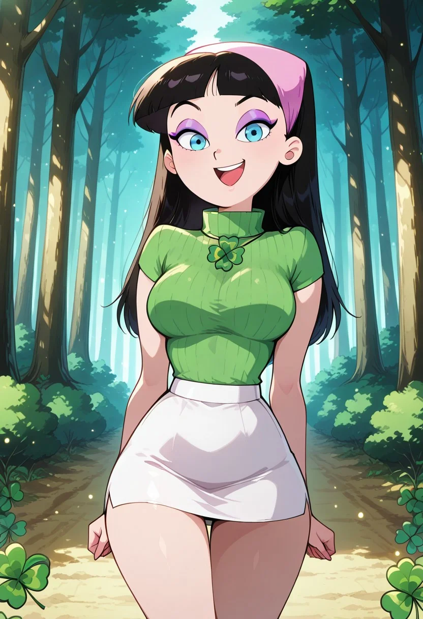 <lora:anime_screencap-IL v-pred:1>, anime screencap, anime coloring, very awa, masterpiece, best quality, amazing quality, highres, absurdres, depth of field, focused subject, perfect anatomy, perfect eyes, lazyhand, lazypos, BREAK 1girl, 3/4 body shot, <lora:trixie_adult_cartoon-04:1.0>, TrixieFOP, source_cartoon, official style, black hair, long hair, blunt bangs, blue eyes, pink headband, lilac eyeshadow, tall female, slim sexy body, medium breasts, standing, looking at viewer, happy smile, half open mouth, ((ShamrockWorld, clover, four-leaf clover, light particles, green turtleneck sweater, short sleeves,), (white skirt, miniskirt,), ), breast focus, BREAK (forest, forest path, trees, no men, 1girl, solo,),