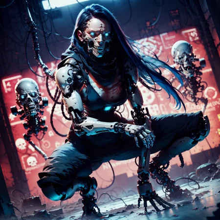 (score_9, score_8_up, score_7_up), (neon lights, cypberpunk city, science laboratory, thick lineart, sharp edges), zPDXL
BREAK
dutch angle, full body, solo, 1women, blue eyes, long hair, blue hair, smug grin, (ghost, wraith, spectre, transparent, glowing:, mask respirator, female focus, robot, cyborg , android, mechanical arms, cyborg, robot joints, mechanical parts, tube, spine, cybernetic neck, bionic torso, bionic skin), looking at viewer,
BREAK
grim, dark atmospher, science fiction,
<lora:BioPunky:0.8> <lora:Concept Art Twilight Style SDXL_LoRA_Pony Diffusion V6 XL:0.8> <lora:Bad_Hands_lora:0.8> <lora:add-detail-xl:0.8> <lora:sinfully_stylish_PONY_0.2:0.8>