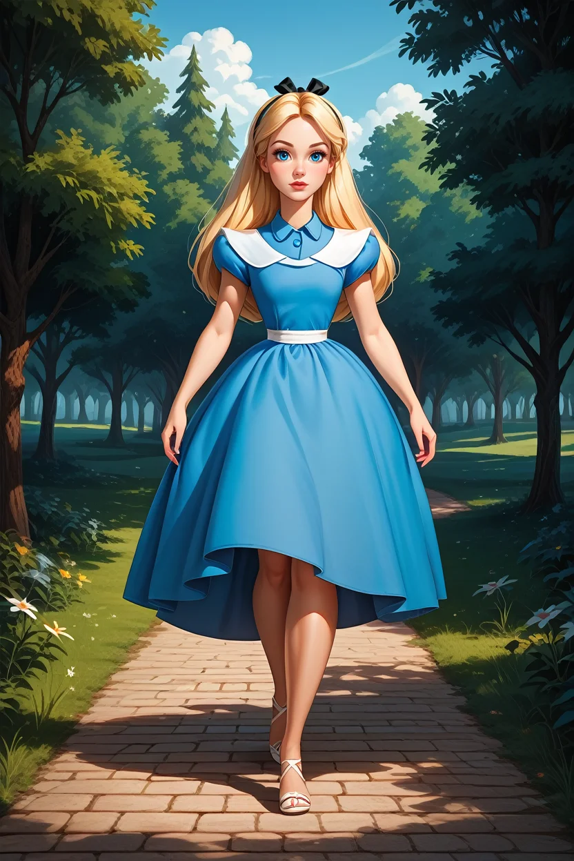 score_9, score_8_up, score_7_up,
<lora:DisneyAlice:1.0>
DisneyAlice, 1girl, blonde hair, blue eyes, long hair, hairband, looking at viewer, walking, countryside road lined with trees, late afternoon light casting long shadows, nostalgic and carefree vibe