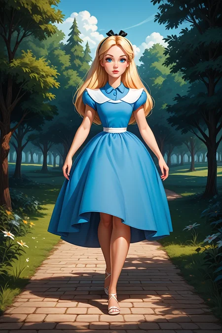 score_9, score_8_up, score_7_up,
<lora:DisneyAlice:1.0>
DisneyAlice, 1girl, blonde hair, blue eyes, long hair, hairband, looking at viewer, walking, countryside road lined with trees, late afternoon light casting long shadows, nostalgic and carefree vibe