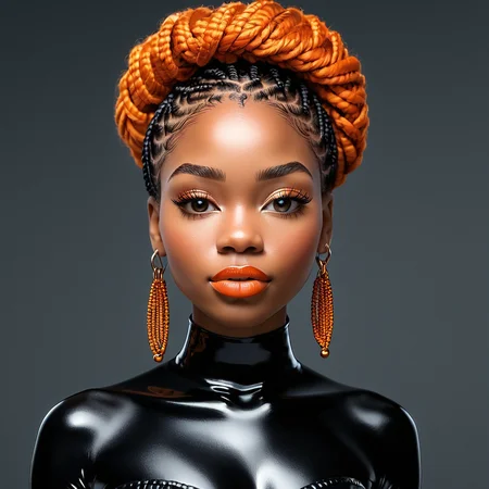 score_9, score_8_up, score_7_up, score_6_up, score_5_up, score_4_up, 1girl, solo, 40 years old, beautiful woman, mature woman, beautiful face and eyes, sexy lips, (multicolor box braids, black2orange braids, thick box braids), neon background, lipstick and eyeshadow, realistic, latex gloves, latex boots, cute, black woman, dark skin, (high angle, full body), high detail, cute, edgy, side view<lora:Pony_XL_Colorful_Box_Braids-000006> <lora:detailed_notrigger> <lora:Cute_3D_Cartoon> <lora:black_woman-000002>