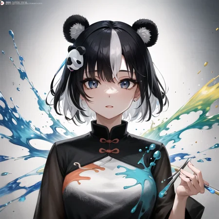 ((best quality)), ((highly detailed)), masterpiece, ((official art)), detailed face, beautiful face, (detailed eyes, deep eyes), (1girl:1.33, solo), ((panda girl)), (panda ears), fluffy, (multicolored hair, black hair, white hair), (black eye mask), short hair, chinese_dress, pelvic curtain, (monster girl), bamboo, <lora:abstractPortraits_v1:.4>, pxint, portrait, rainbow and Papaya whip, droplets, flowing, with a splash of paint, paint splash, multicolored, sparkle, bubble, (abstract)