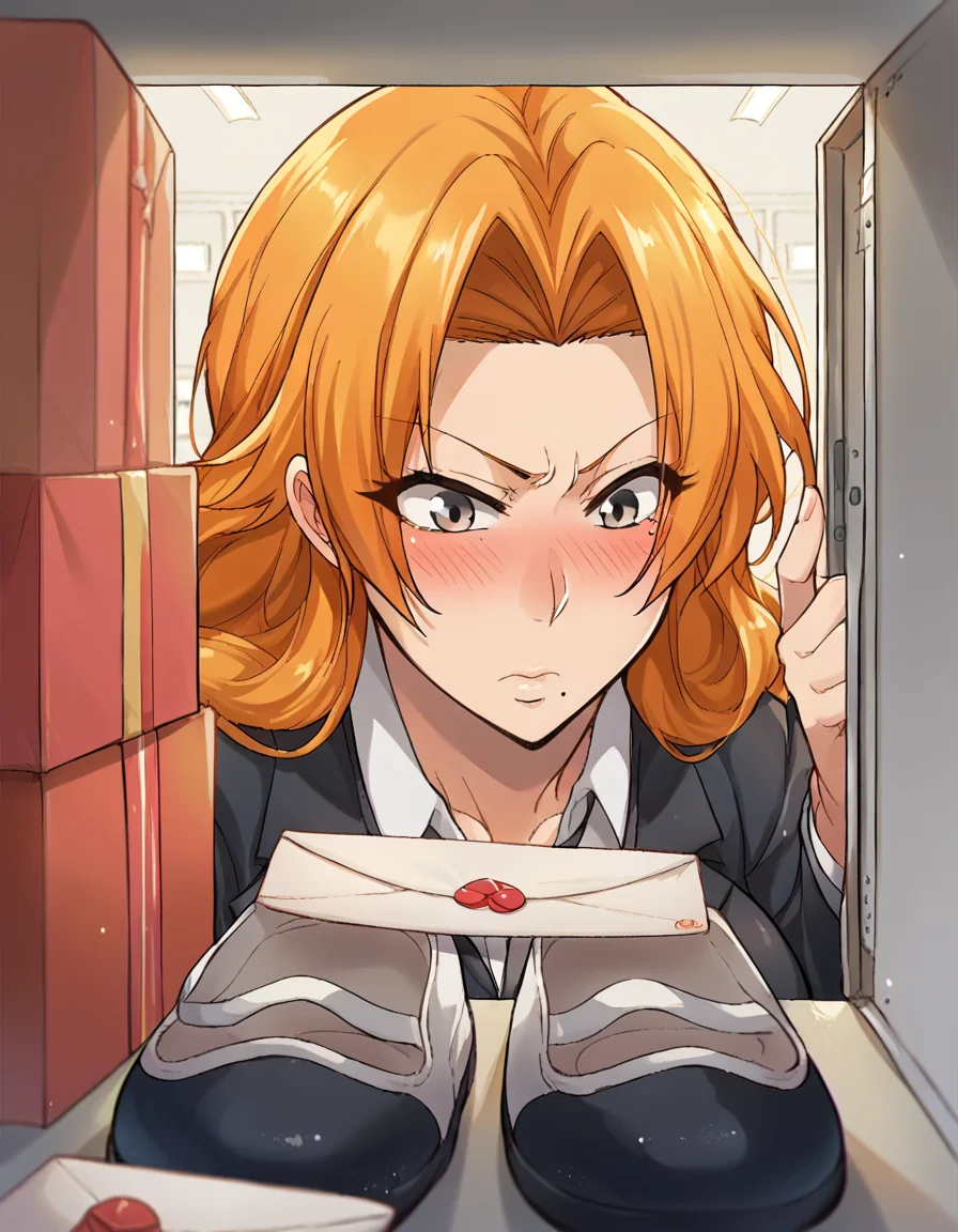 score_9, score_8_up, score_7_up, source_anime, <lora:rangiku-matsumoto-anime-ponyxl-lora-nochekaiser:1>, rangiku matsumoto, long hair, grey eyes, orange hair, mole, mole under mouth, parted bangs, large breasts, <lora:shoe-locker-pov-ponyxl-lora-nochekaiser:1> shoe locker pov, locker, letter, school, gift box, unworn shoes, blush,, ,