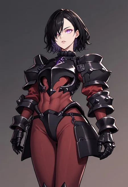 score_9, score_8_up, score_7_up, score_6_up, score_5_up, score_4_up, source_anime, solo, 1girl,
berengaria, black hair, short hair, purple eyes, hair over one eye, maroon bodysuit, long sleeves, black armor, gauntlets,
masterpiece, best quality, very aesthetic, absurdres,