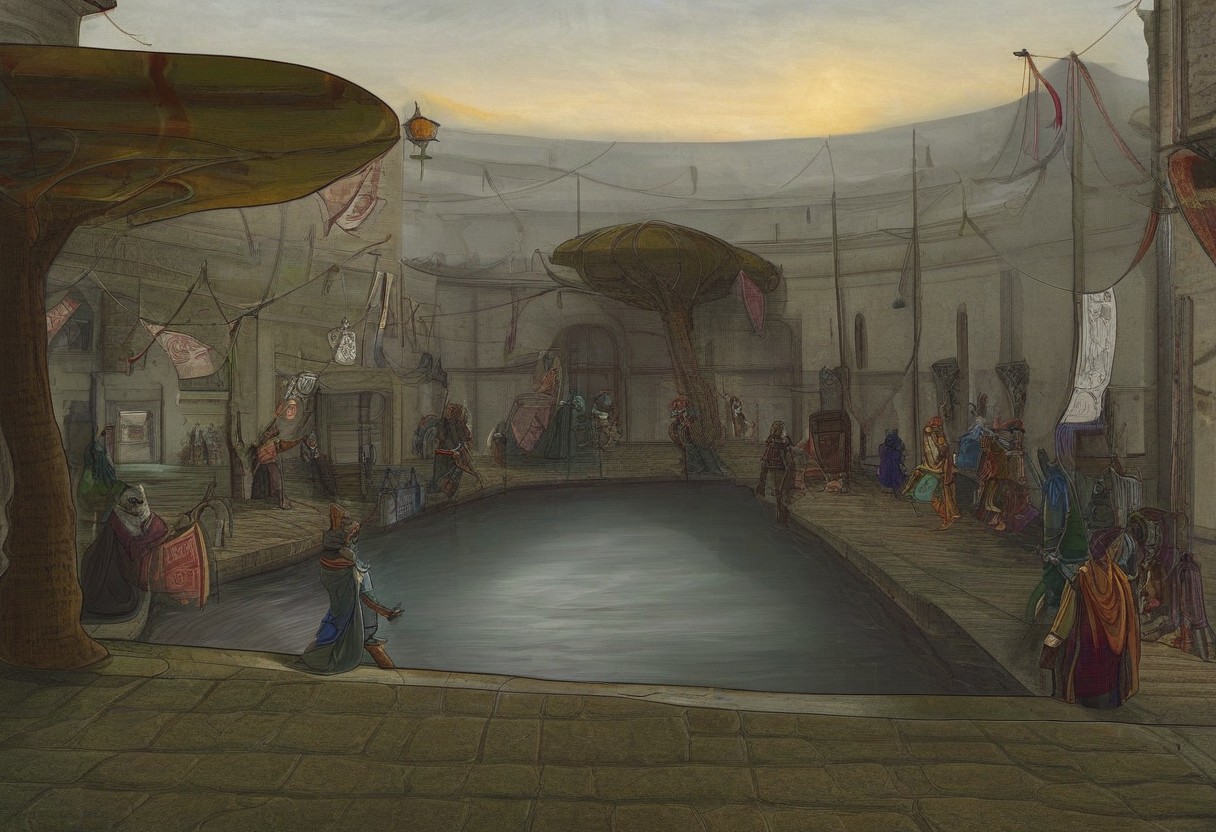 scenary, ascadian isles, vivec, slice of life, arena, interior, dunmer lantern, gloomy lighting, clear style, best quality, digital art, morrowind, settlement, dunmer, dunmer architecture, small tree, planter pot, colorful tapestries, banner, small mushroom tree, flora, stairs, light shafts, best quality, crowd, buildings, cobblestones, dunmer guard, bonemold armor,  masterpiece