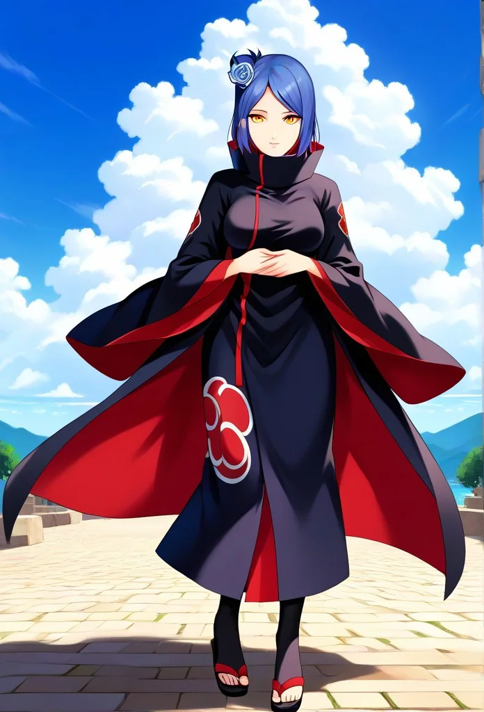 grabbing breasts, KonanNSHXL, makeup, orange eyes, blue hair, short hair, single hair bun, hair flower, medium breasts, high collar, black coat, coat with cloud print, long sleeves, pants, sandals, , masterpiece, best quality, very aesthetic, high res, illustration, extremely detailed, 8k, wallpaper, facing viewer, score_9, score_7_up, zPDXL3 ,SimplePositiveXLv2, masterpiece, best quality, high res, illustration, extremely detailed, 8k, wallpaper