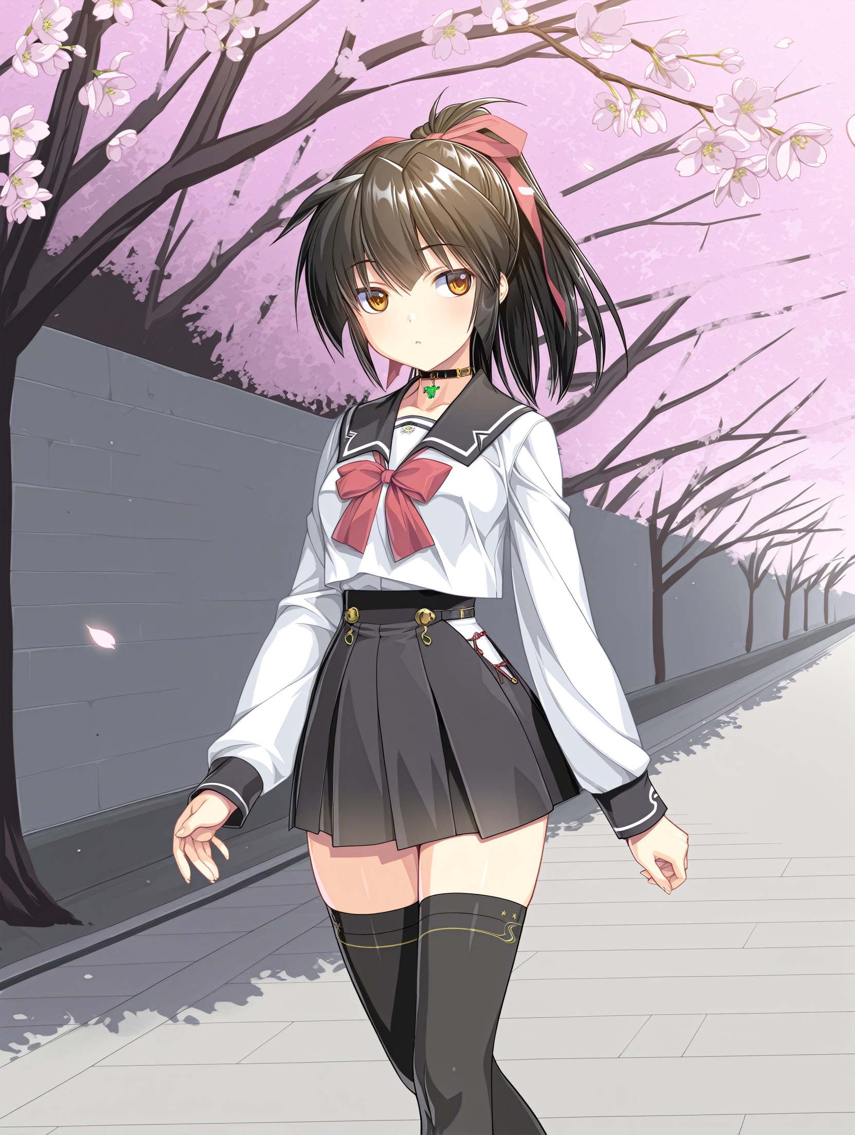 <lora:Koyori_Amamiya:0.85> divinemikokoyori,black thighhighs,choker, 
school uniform, skirt, white shirt, walking on the way to school, cherry blossoms, 
1girl,solo,
masterpiece,best quality,amazing quality,
