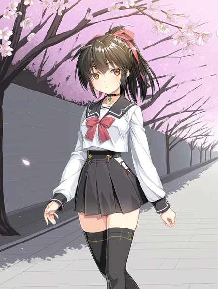<lora:Koyori_Amamiya:0.85> divinemikokoyori,black thighhighs,choker, 
school uniform, skirt, white shirt, walking on the way to school, cherry blossoms, 
1girl,solo,
masterpiece,best quality,amazing quality,