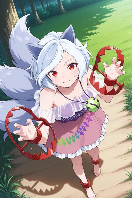 absurdres, highres, masterpiece, best quality, amazing quality, official anime artwork, screencap, anime screencap, outdoors, looking at viewer, light smile, dynamic pose, standing,
 <lora:Enoko-Mitsugashira_IllustriousV1.1:1> mitsugashira enoko, 1girl, solo, red eyes, white hair, short hair, dog ears, multiple tails, long fingernails, medium breasts,, green pendant, bare shoulders, purple shirt, frills, pink skirt, bear trap, ankle cuffs, barefoot,