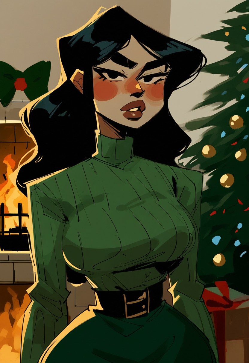 score_9, score_8_up, score_7_up, portrait, digital painting of 1girl, black hair, long hair, thick eyebrows, looking at viewer, full lips, large breasts, narrow waist, high contrast, shadows, charcoal sketch, blushing, green turtleneck sweater, indoors, Christmas tree, fireplace