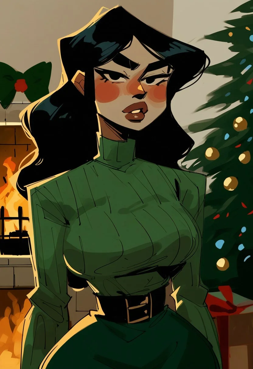 score_9, score_8_up, score_7_up, portrait, digital painting of 1girl, black hair, long hair, thick eyebrows, looking at viewer, full lips, large breasts, narrow waist, high contrast, shadows, charcoal sketch, blushing, green turtleneck sweater, indoors, Christmas tree, fireplace