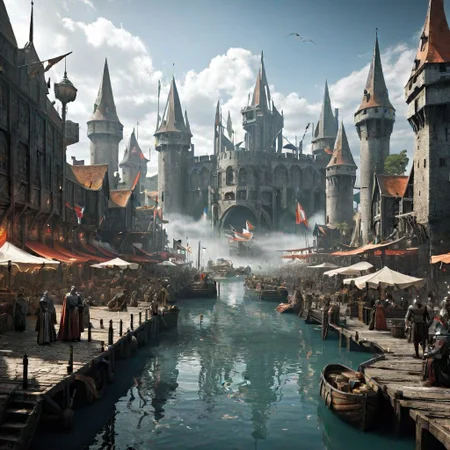 bright fantasy big dock in a huge medieval fantasy metropolis, crowded