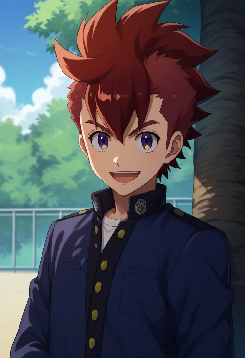 score_9, score_8_up, score_7_up, source_anime, highly detailed,
rekka, 1boy, male focus, solo, red hair, purple eyes, yellow eyes, looking at viewer, spiked hair, school uniform, gakuran, upper body, smile, open mouth,
outdoor, sky, tree
