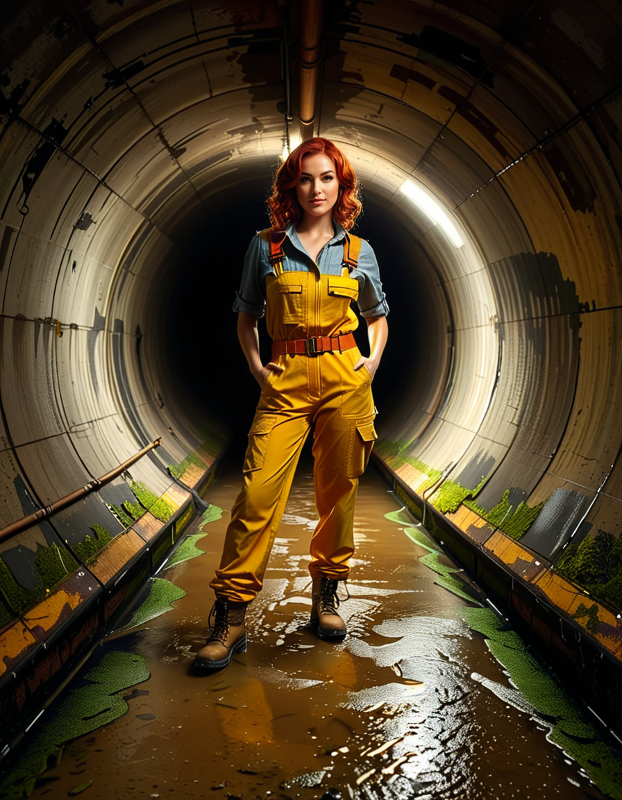 A young woman, April O'Neil, stands confidently in front of a large, circular sewer pipe,L4rg3 s3w3r p1p3. She has vibrant red, shoulder-length wavy hair and wears her iconic bright yellow jumpsuit with utility-style details, such as rolled-up sleeves and visible pockets. A brown utility belt is fastened around her waist. She holds a microphone or a small camera in one hand, highlighting her role as a journalist. Her expression is determined and slightly smiling, radiating courage and curiosity.
The sewer pipe behind her is massive and weathered, with green moss and moisture stains around its edges. The interior of the pipe is dark and shadowy, while the exterior is illuminated by soft natural light. There is a small puddle of water or wet ground in front of the pipe, reflecting faint light.
The background features an urban, industrial setting with worn brickwork surrounding the sewer opening, showing signs of age and decay. Small wild plants and grass grow around the base, adding a touch of nature to the scene.
The lighting is soft and dramatic, with natural sunlight streaming in and casting gentle reflections on the ground and inside the pipe. The image is styled as a semi-realistic illustration with vivid, bright colors for April O'Neil, contrasting with the muted, earthy tones of the background. The overall mood is adventurous and cinematic.<lora:SDXLFaeTastic2400:0.4> <lora:extremely_detailed:0.4> extremely detailed, <lora:L4rg3_s3w3r_p1p3:1>, Masterpiece,best quality,hi res,8k,hi res,8k,award winning,(sharp focus, intricate, highly detailed),
