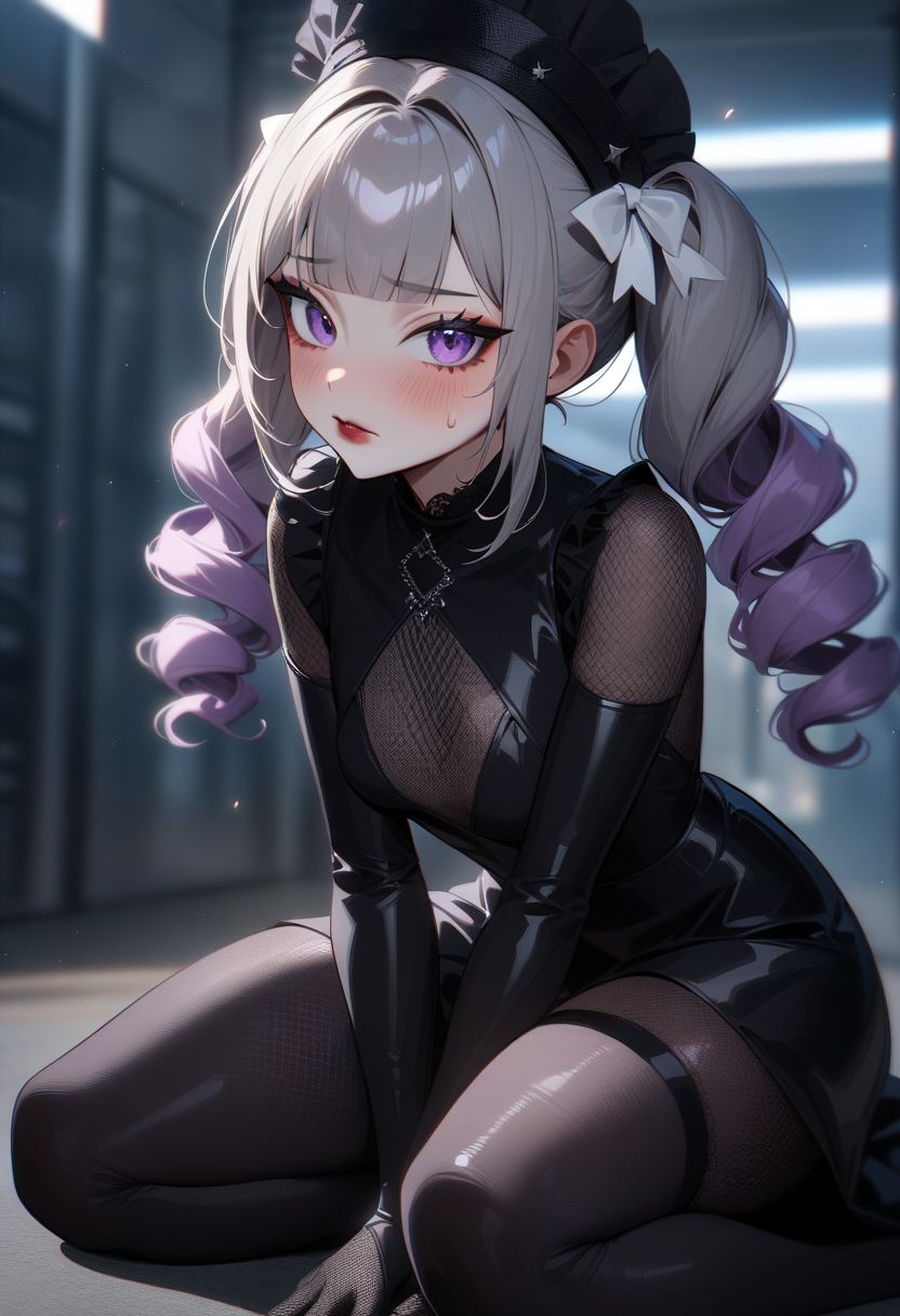 1girl, looking at viewer, solo, anime style, woman, perfect slim hourglass figure, narrow waist, depth of field,  scenery, dark lipstick, long eyelashes, , pose,  small breasts, wide hips, narrow waist, slim hourglass figure, hat , goth dress, knees socks,  garters, medium hair, blunt bangs, gloves, elbow gloves, fishnet gloves, made dress, black dress, long hair, breasts, blush, dress, bow, twintails, purple eyes, purple hair, sweatdrop, black dress, makeup, white bow, black nails,  gothic, gothic, black lips, maid hat, white hair bow, makeup, white bow, 
masterpiece, best quality, very aesthetic, absurdres, neon genesis, beautiful, aesthetic, chromatic aberration, ((detailed face)),highly detailed, masterpiece, best quality, very aesthetic, expressive eyes, perfect face,((beautiful eyes)),(((perfect female body))), shiny skin, super idol face, intricate details, (perfect lighting), highres, flush lips, perfect lips, black eyeshadow, thick thighs, thighs ass, indoor, light particle, sitting, sitting on knees,