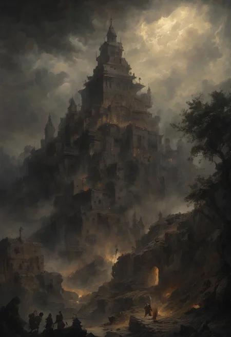 ((dark Renaissance by Bartolome Murillo)) ((ancient city Dark fantasy. Conan, a barbarian fighting with the god of demons. pointed spear-shaped turrets, parts of the structure tend upward) tragic scene, dark clouds, half-turned look at the viewer, ((in the style of Bartolome Murillo Murillo)), dark Renaissance, gradient of aged yellowed canvas, ((best quality, masterpiece)), (higher detail right), impressionism: 1.1, 8k