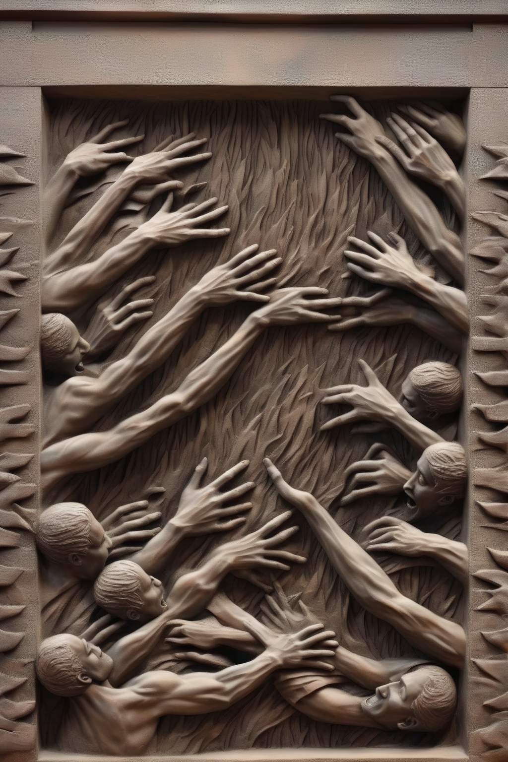 <lora:BAS-RELIEF:1>BAS-RELIEF - Bas-relief of people reaching for the fire, a wall in the city of dystopia