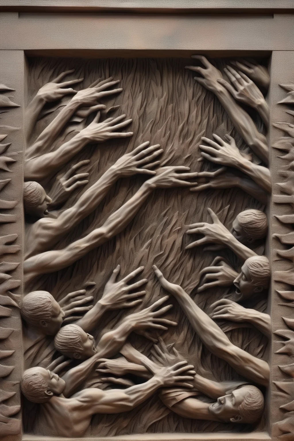 <lora:BAS-RELIEF:1>BAS-RELIEF - Bas-relief of people reaching for the fire, a wall in the city of dystopia