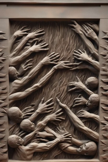 <lora:BAS-RELIEF:1>BAS-RELIEF - Bas-relief of people reaching for the fire, a wall in the city of dystopia