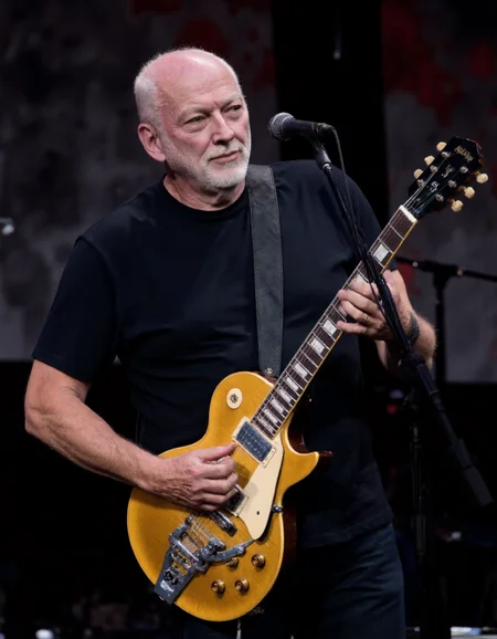 <lora:DAVID_GILMOUR:1>This is a photograph of an older man playing an electric guitar on stage. The man has a bald head and a full silver neaty trimmed beard, giving him a distinguished appearance. He is dressed casually in a plain black t-shirt and dark pants. A black leather strap is slung diagonally across his chest, holding his guitar in place. He is playing a golden Gibson Les Paul electric guitar, which has a shiny metallic finish and classic Gibson features like the trapeze tailpiece and the iconic headstock with the Gibson logo. The guitar is connected to an amplifier and a microphone stand, suggesting he is performing live.
In the background, there is a large, dark, and slightly blurred stage backdrop, which adds depth and a sense of grandeur to the scene. The backdrop has a textured, abstract design with hints of red and black, enhancing the stageâs atmosphere. The lighting is bright, highlighting the man and his guitar while casting soft shadows. The overall mood is lively and energetic, reflecting the excitement of a live musical performance. The image captures the essence of a seasoned musician engaged in his craft, with the details and textures of both the man and his guitar vividly portrayed.
