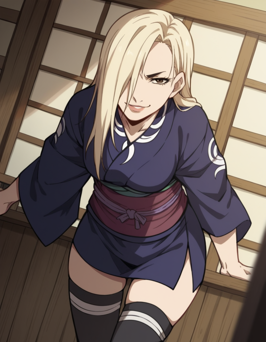 score_9, score_8_up, score_7_up, source_anime, <lora:hyakurin-s1-ponyxl-lora-nochekaiser:1>, hyakurin, long hair, blonde hair, hair over one eye, brown eyes, lips,, thighhighs, japanese clothes, black thighhighs, kimono, sash, indoors, bent over, smile, smug, looking at viewer, solo,, cowboy shot, dutch angle