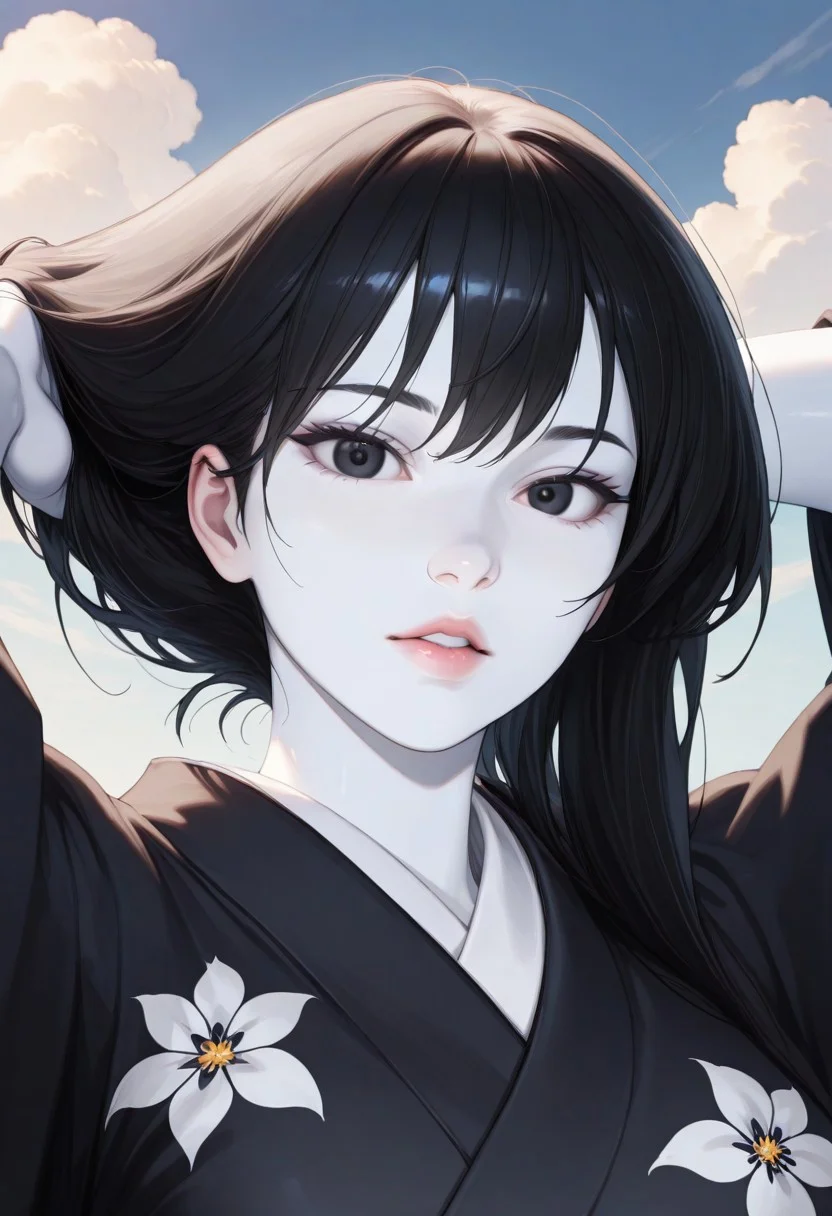 1girl, sky, black hair, long hair, masterpiece, black eyes, Yuki-Onna, colored skin, (white skin:1.3), parted lips, looking at viewer, kimono, black kimono, floral print, outdoors, arms behind head, adjusting hair, cloud, volumetric lighting, blue sky, portrait, upper body, animated nightmare style