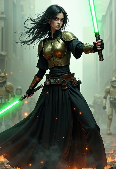 Illustration combining oil-canvas and semi-realistic comic-book style image with a Star Wars theme, star wars style, mythp0rt, Pale skin tone, dynamic, woman. The main subject of the image is a beautiful French woman in her 30s. She is a goth girl with very pale skin, with messy black hair, blue eyes, high cheekbones, and full rosy lips. She has one beauty mark mole beside her mouth. She has smokey eyeshadow. She is wearing a sci-fi bronze raiment of armor including a breastplate. She is wearing long black robes, leather boots, bracers, belt, featuring a long skirt. She is attacking with a green lightsaber in a glamorous pose, stretching in such a way that it demonstrates sensual physicality, at unique angles. She is standing on a dramatic battlefield, occluded with smoke and dust. Sharp Focus, Volumetric Lighting, Realistic Shading, Octane Render, Realistic, professional, 4k, highly detailed,, portrait photography, capturing emotion, personality, flattering lighting, professional, engaging, compelling composition.
