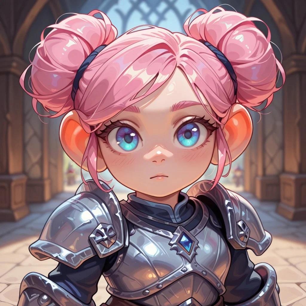 masterpiece, best quality, amazing quality, very aesthetic, solo, upper body,
gnome, short stature, shortstack, big eyes, big ears,
1 girl, female focus, pink hair, 2bun hairstyle , blue eyes, silver armor,
looking at the viewer, posing,
fantasy background, blurred background,