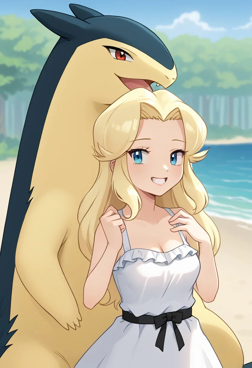 (source_anime, score_9, score_8_up, score_7_up:1), (portrait:1.8), pmandgal, (rating_safe:1.8), 1girl, 1boy, typhlosion, trainerallie, side by side, (large breasts, pink lips:0.75), sun dress, outdoors, beach, looking at viewer, smile, pokemon \(classic anime\), anime screencap