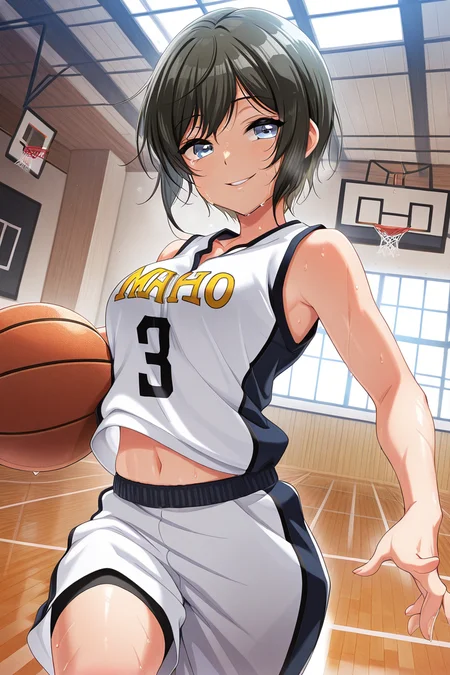 masterpiece, best quality, amazing quality,
<lora:Maho_IL:1> maho, 1girl, basketball, shorts, solo, short hair, sweat, sportswear, black hair, basketball uniform, navel, bangs, gym, smile, sleeveless, indoors, blue eyes, shirt