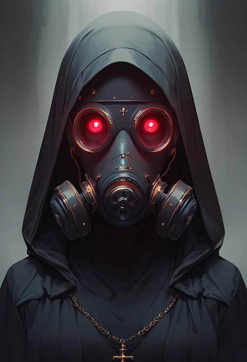 (score_9, score_8_up), score_7_up, looking at viewer, red eyes, jacket, upper body, hood, hoodie, mask, glowing, headphones, facing viewer, gas mask, nun, 1girl, jewelry, cloak,
<lora:Gas_mask-000009:0.7>