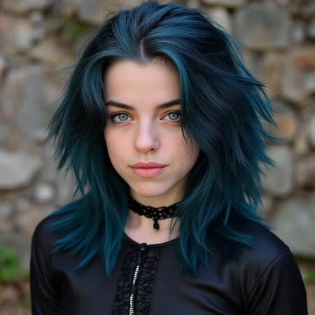 Princess beuty medieval woman, black and blue hair ,black dressed medieval