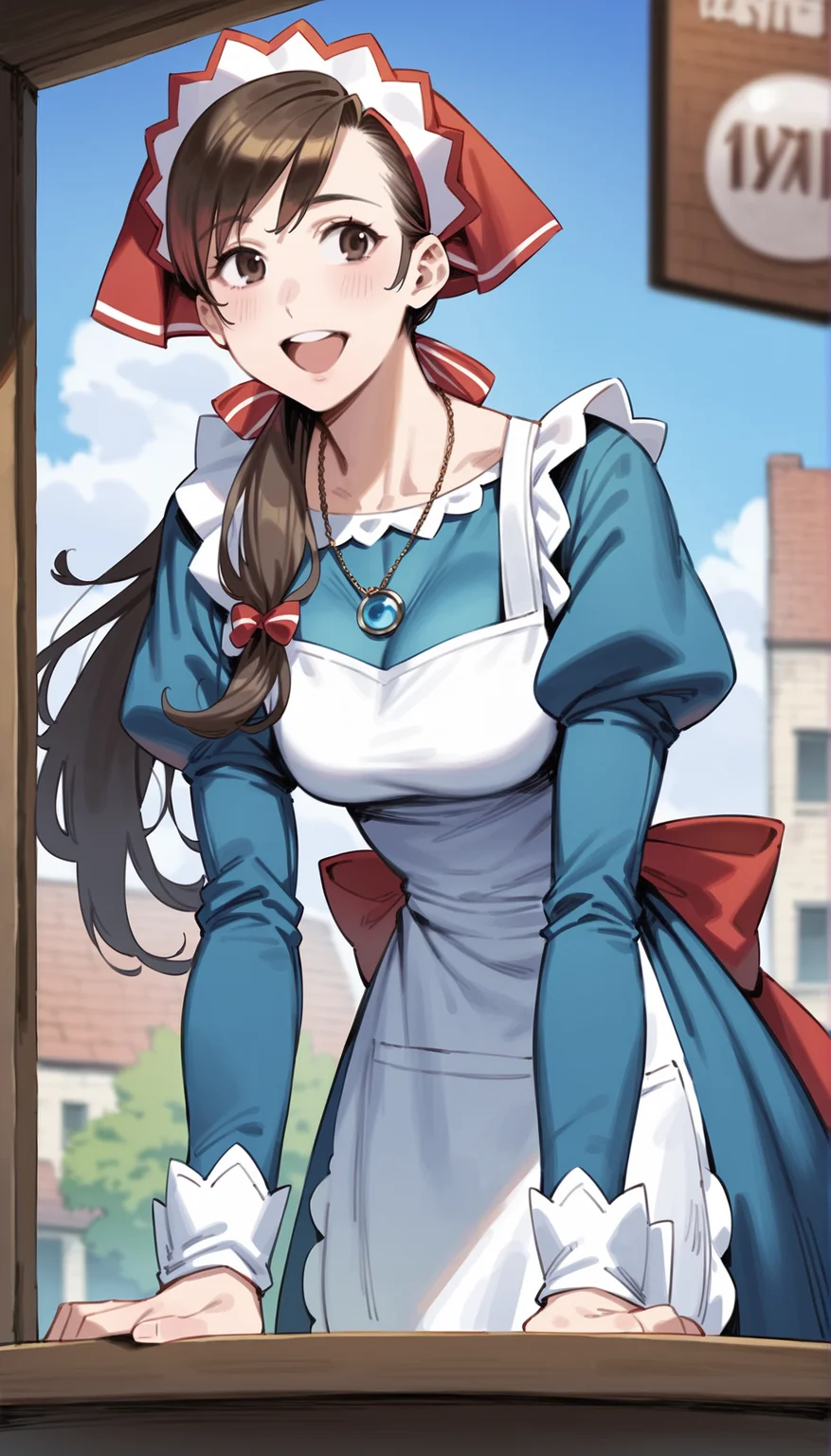score_9,score_8_up,score_7_up,
realistic,highly detailed,
<lora:aliciamelchiott:0.9>,aliciamelchiott,1girl,solo,
brown hair,low ponytail,brown eyes,looking ahead,happy,open mouth,headdress,blue dress,necklace,white apron,red bow on waist,upper body,leaning forward,hands on counter,from below,
outdoors,blue sky,window,little store,vignetting,blurry background,