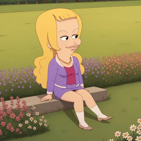 score_9, score_8_up, score_7, BREAK, l_skumpy, blonde hair, long hair, necklace, earrings, jacket, skirt, sitting, grass, flowers, natural lighting